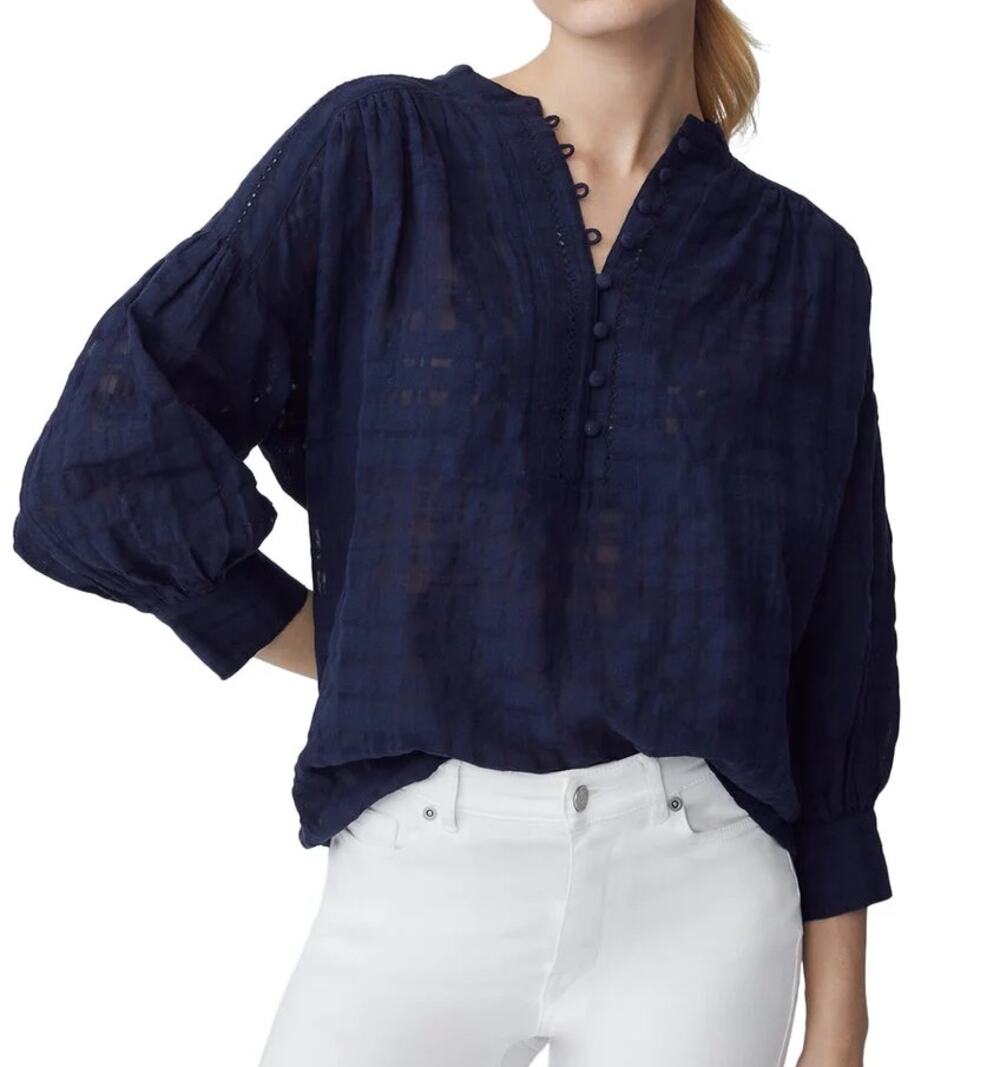J. Mclaughlin Ushi Plaid Linen Blend Blouse Navy Blue Size Small